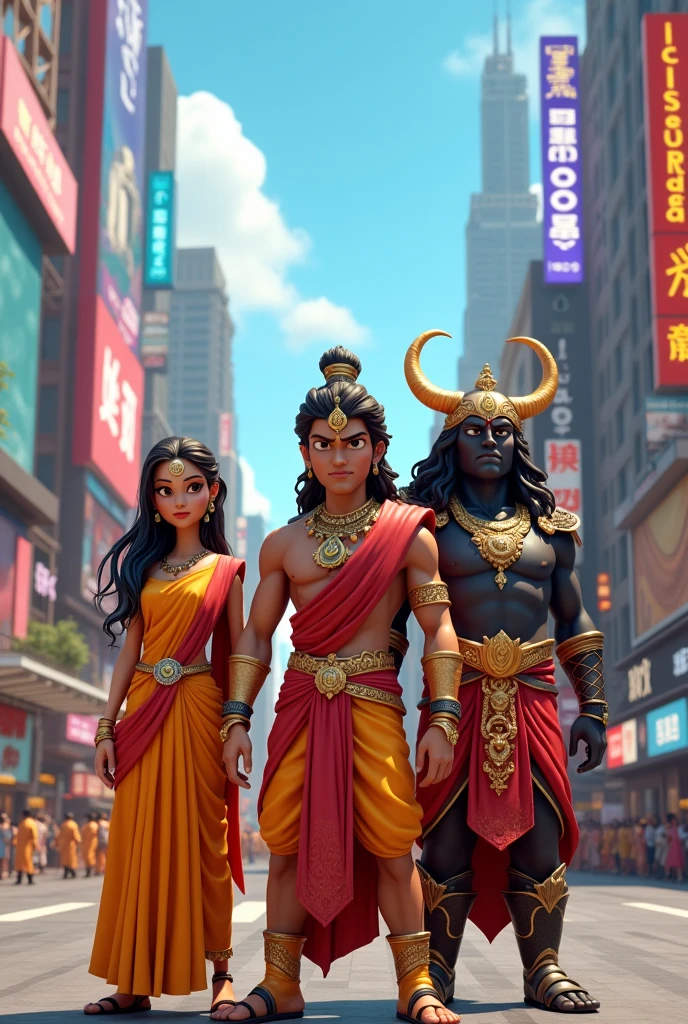 In cinematic 3d cartoon style "Depict a contemporary cityscape with traditional Ramayana characters like Rama, Sita, and Ravana, blending ancient attire with modern urban elements.