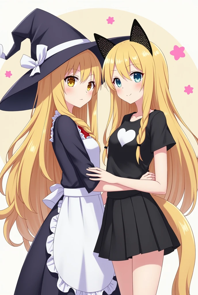 With an anime-like pattern、She has long blonde hair with a braid on the right side、Hair down except for the right side。The hat is like a wizard's hat with a nightcap inside.。The hat has a white ribbon。Clothes、In black and white clothes、There is a white apron-like thing on the skirt.。The other one is、Dull yellow long hair、Contains black mesh。I have cat ears。He is wearing a black T-shirt with a white heart pattern.。The skirt is black like a uniform.。