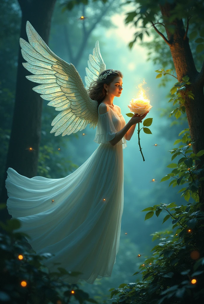 Create a having birds wings ,vivid wings , beautiful forest background, with a long dress, and with a white rose having fire on it , in a beautiful forest at night with little light insects