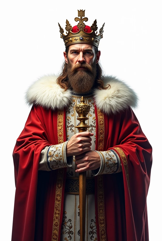 drawning, sharp colors, bust of a king holding a scepter, medieval style, BOARD PIECE, white background, fully body