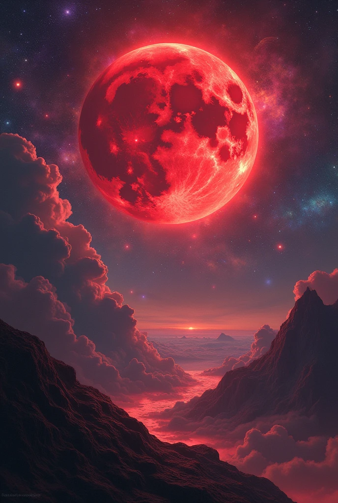 Create an image of a red moon crashing
