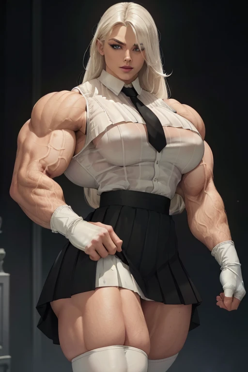 ((Close-up)), tall, (White hair) beautiful muscular woman, long straight hair, light brown skinned, closed smile, (black lipstick), (massive muscles), (hyper muscle), (ginormous bulky muscles), blue eyes, (((sleeveless white pleated shirt))), (((long black pleated skirt))), (flexing biceps), (fingerless gloves), necktie, boots, on a skyscraper,