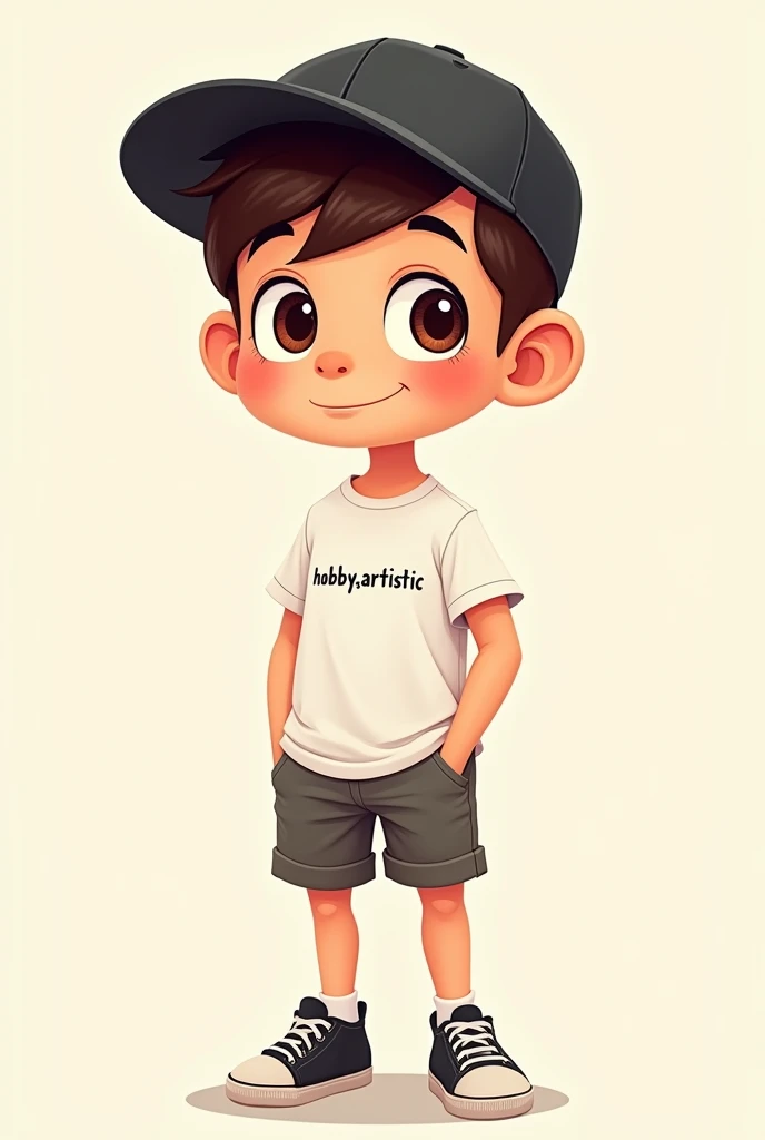 (8K resolution) Drawing of a boy in cartoon, offwhite, clear eyes, Wearing White T-shirt, in shorts, wearing black cap, 1,70 m, 70 kg, thick eyebrows, fine nose, small ears, written on t-shirt "hobby.artistic".