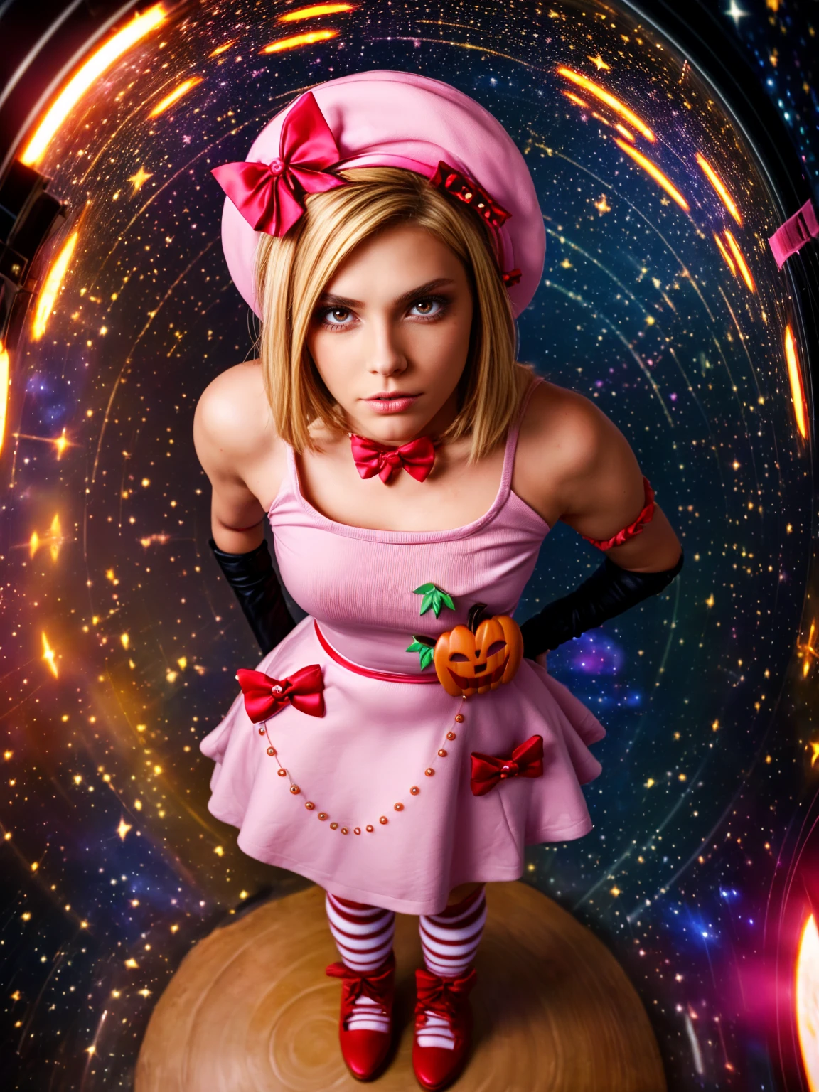 (1 lady), The beautiful, (Best quality at best:1.4), (ultra - detailed), (extremely detailed CG unified 16k), gold blonde hair, very detailed, High-definition RAW color photo, professional photoshooting, amazing face and eyes, cosmetics, (amazingly beautiful girl), ((lambdadelta, taller, tall woman)), ((dress, shoes bow, red shoes, striped stockings, red bow, pink hat, necklace, gloves, pearl, pumpkin brooch, pink dress)), levitating in a cute posture (floating in the air), (She's levitating in a cosmic sea, outer space:1.3, quantum hyperspace room lacking walls, hyperspace chamber, extremely detailed background, a lot of details background, realistic outer space background with stars quasars and cosmic bodies, brighter background), (look from above), realistic cinematic face, head to feet long wide zoomed out view, full body long view, photorealistic, ((realistic natural blonde hair style, red eyes)), gorgeous, extremely beautiful face, perfect model beauty, pout mouth, Highly Detailed Face and Skin Texture, Detailed Eyes, Double Eyelids, Small Breasts, Persistent Stare, Faith Trance, (mystical stare, looking eternity), (masterpiece), best quality, high resolution, depth of field, cinematic lighting, amazing legs, pink combat boots, clear and well-cared skin