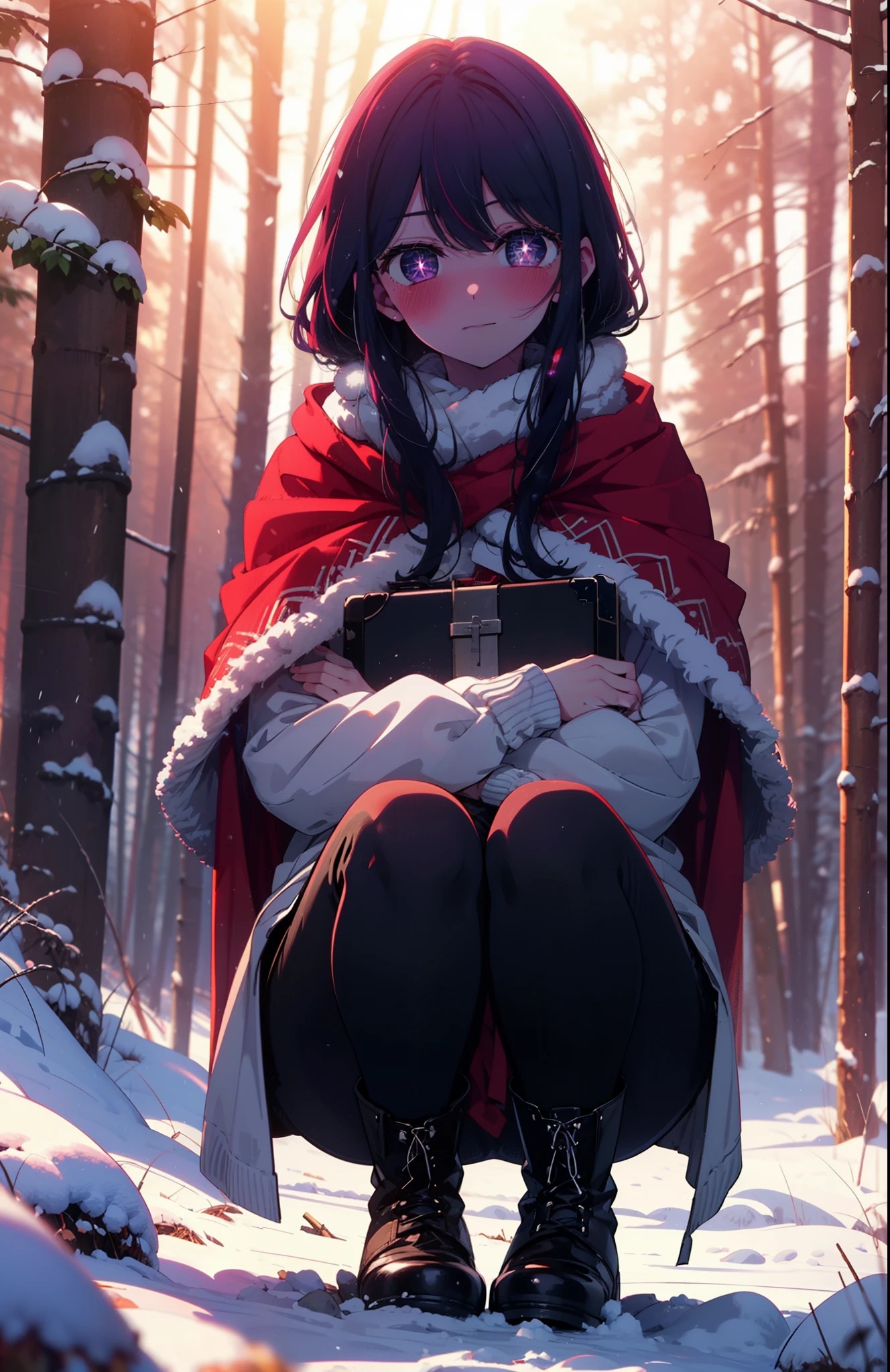 aihoshino, Ai Hoshino, Long Hair, bangs, (Purple eyes:1.1), Purple Hair, (Symbol-shaped pupil:1.5), smile,,smile,blush,white breath,
Open your mouth,snow,Ground bonfire, Outdoor, boots, snowing, From the side, wood, suitcase, Cape, Blurred, , forest, White handbag, nature,  Squat, Mouth closed, Cape, winter, Written boundary depth, Black shoes, red Cape break looking at viewer, Upper Body, whole body, break Outdoor, forest, nature, break (masterpiece:1.2), Highest quality, High resolution, unity 8k wallpaper, (shape:0.8), (Beautiful and beautiful eyes:1.6), Highly detailed face, Perfect lighting, Highly detailed CG, (Perfect hands, Perfect Anatomy),