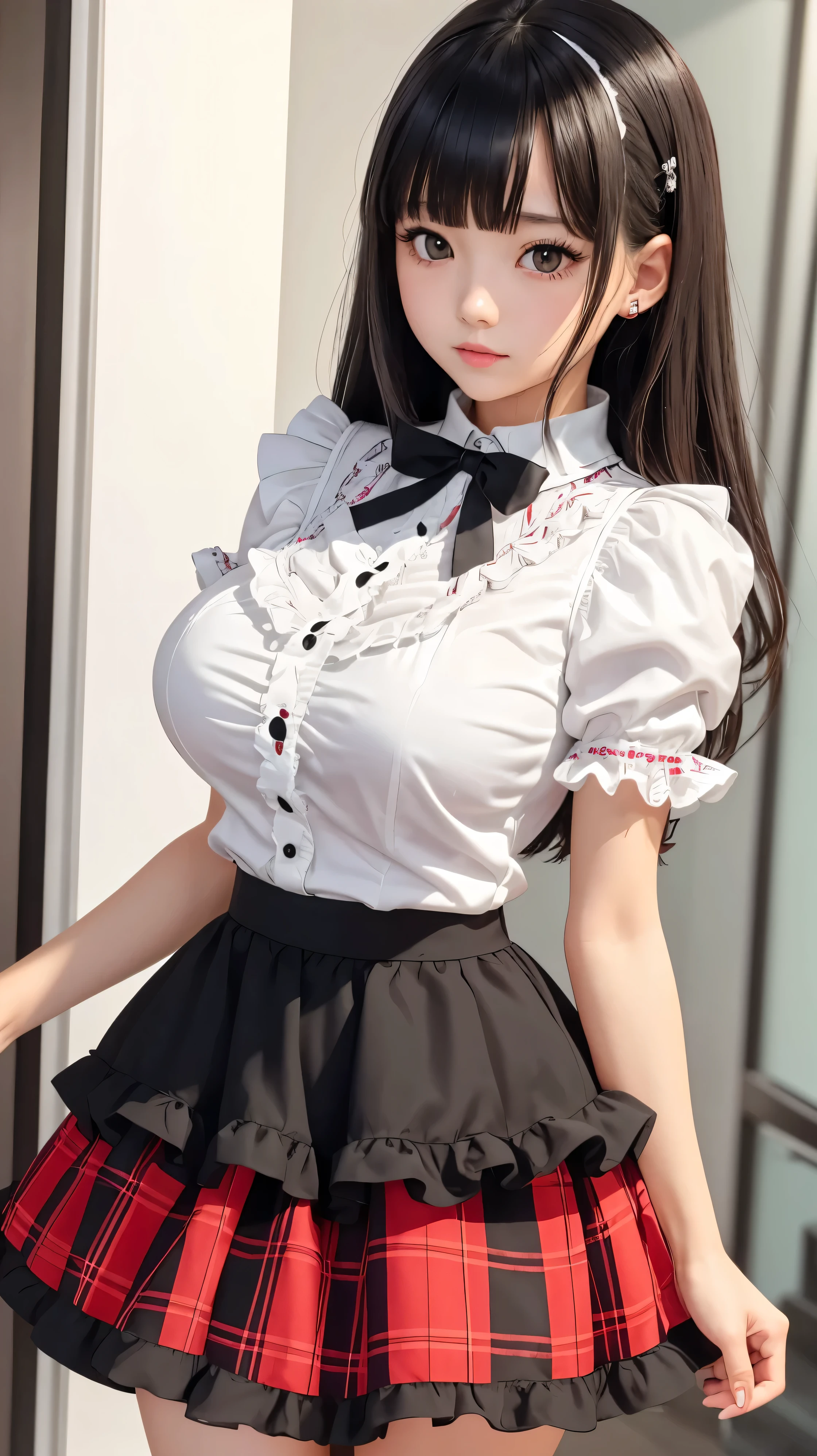 Detailed face、highlight、girl、thigh、Breast augmentation、black髪、Heavy bangs、(Frilled shirt、)(Checked mini skirt、black、red、white、)