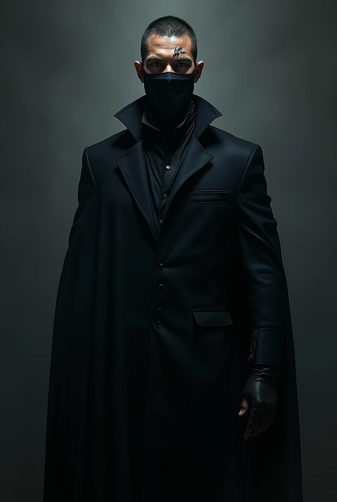 Make a character with a mask over his mouth and a cape and a scar over his left eye 
