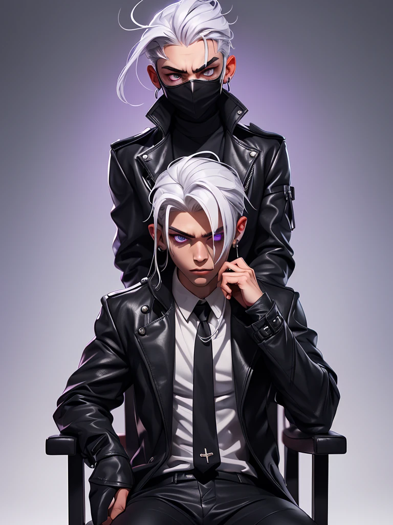 young spy boy with purple eyes, wearing all black leather clothing, wearing a mask that covers his mouth, with white hair, with silver earrings in his ear, trapped in a chair and being tortured with shock