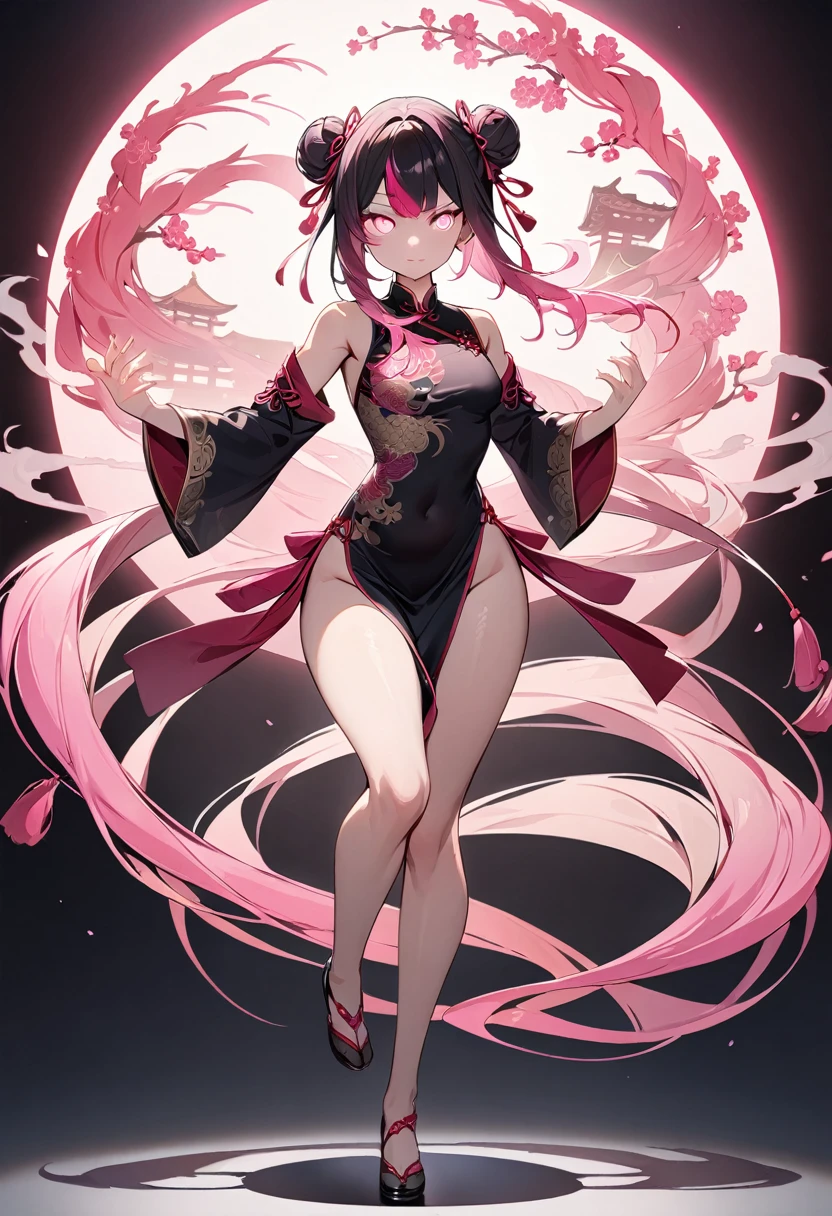 (masterpiece, top quality, very aesthetic, 4k、illustration), intricate detail, 1woman,solo,contrapposto 、Strong glowing eyes、,(full body)、、(Tai Chi),beautiful face、、、double bun、(fluorescence pink gradient hair)、、multicolored hair,hair ribbon,middle hair,sidelock ,レッド　eyes、china dress、Warrior、small breasts、Slim 、