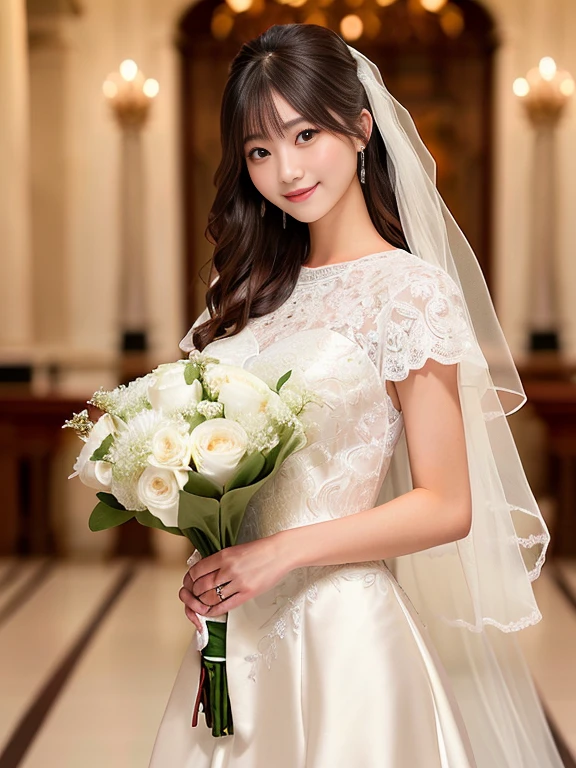 Photo-realistic quality、a woman in a wedding dress holding a bouquet of flowers、20 year old Japanese model、White Wedding Dress,Hanae Mori style wedding dress、lace prom dresses、looking at the camera、Detailed and beautiful eyes、Cute smile、Relaxed and gentle expression