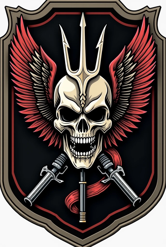 Create a logo that resembles a special forces group in the form of a patch for an airsoft team, where it contains a trident, a skull and weapons
