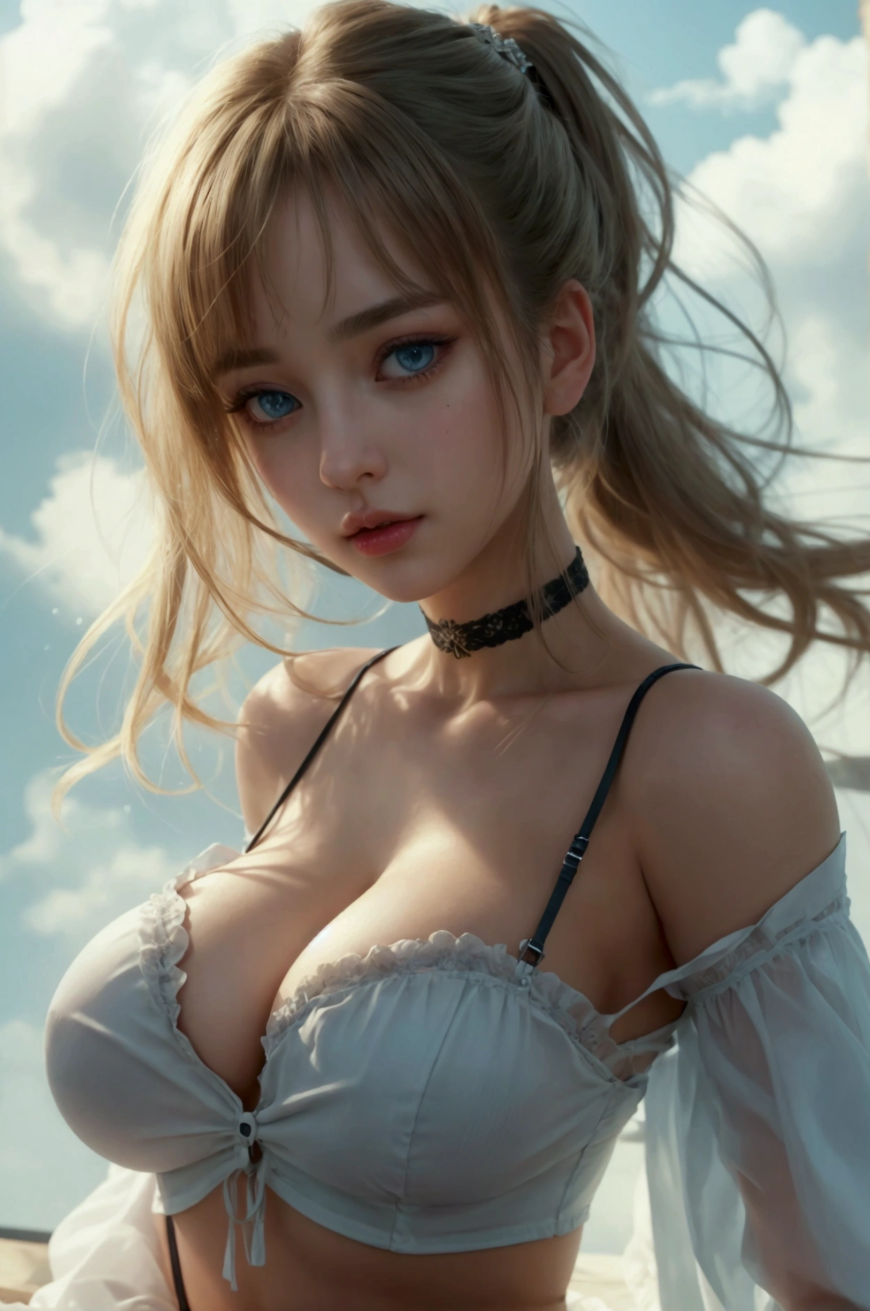 8K,((masterpiece)), ((best quality)), (ultra-detailed), High detail, professional photograph, highest quality, floating hair, beautiful detailed, (((realistic))), hyper realistic character,natural lighting ,beautiful detailed eyes,1girl, solo,blunt bangs, realistic,a girl with a large bust, her blouse is about to burst from her large breasts, ponytail, bangs, thick thighs, beautiful detailed eyes, beautiful detailed lips, extremely detailed eyes and face, long eyelashes, , corset blouse, white blouse, pleated skirt, thigh-high socks, suspenders, photo-realistic, 8k, vivid colors, masterpiece, anime, cinematic lighting, soft focus
