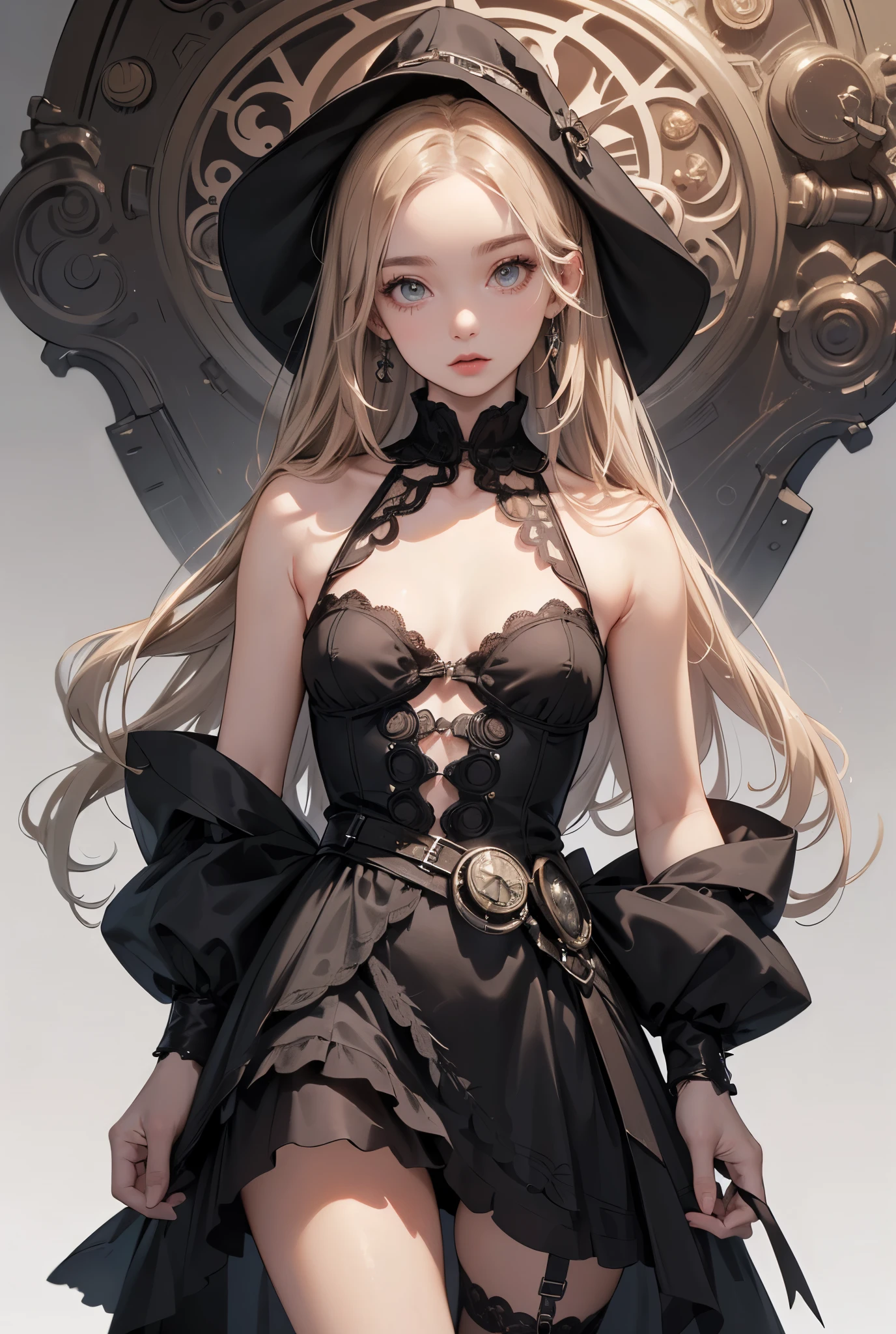 (((masterpiece, of the highest quality, super detailed))), (a witch belonging to an occult order of knights), (a knight crossed with a witch), Victorian era inspired, ((minimal but intricate beautiful armour)), Fluttering lace flared dress with frilly petticoats, ((nier automata meets bloodbourne)), ((((Highly detailed face))),  (big forhead:1.2), (((Very sharp focused eyes))), very long eyelashes, small breasts, (((flat chest:1.1))), occult aesthetic, (red and white clothing detailed and intricate steampunk and detailed gothic), (with a hood), complex lace boots,