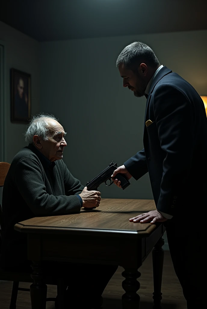 Old man is sitting in chair in dark room. A tablr is infront of him and a young man puts a pistol on table. The man looks shocked