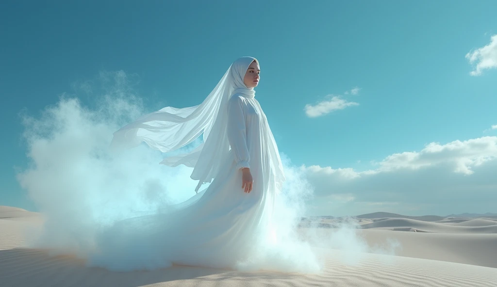 A beautiful woman in a white hijab walking through a vast desert, with her entire body surrounded by a soft, glowing white aura. The scene should be highly detailed and realistic, with dramatic lighting and a cinematic feel. Ensure the image is rendered in hyper detail, 8k resolution, ultra sharp, and UHD quality to capture the ethereal and mysterious atmosphere.