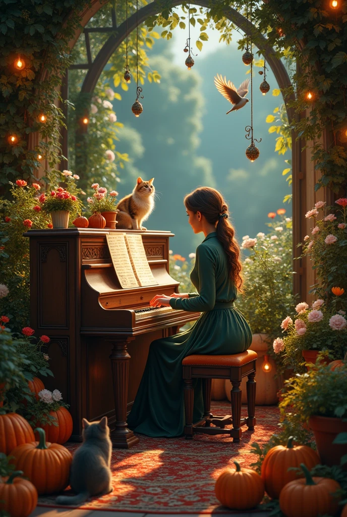A lady in a large magical room magically lit environment, surrounded by cats on all sides listening to her play the piano in a very flowery backyard full of plants and birds AND LOTS OF PUMPKIN PLANTS