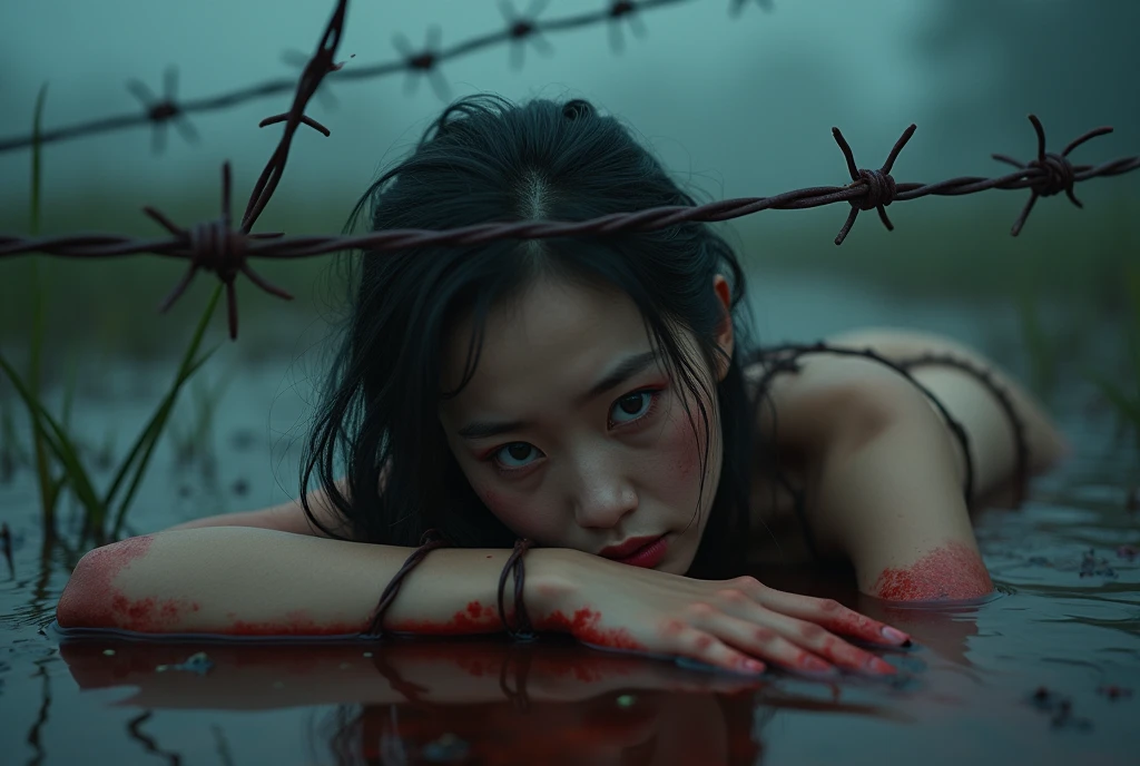 Imagine 😀, 35mm film photography, potrait of beautiful asian woman her body tied-up with barbed, bloody, bleeding, pale, sadistic, barbed wire, nakeed, senssual body, big booobs, rain, sweating, in a puddle of bloody mud on the swamp, nakeed, senssual body, big booobs, at twilight, fog, sinister beauty, slaave, (intricate details:0.9), (hdr, hyperdetailed:1.2), RAW, Sony Alpha a9 II, 24-105mm f/4, HDR,