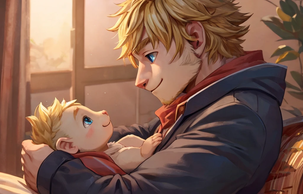 A detailed illustration of a handsome man with short blonde hair and green eyes, holding a one-year-old baby boy with short blonde hair and blue eyes. The man should have a gentle, caring expression, and the baby should appear happy and comfortable in his arms. The background should be simple, with soft lighting that highlights the warmth and connection between the man and the baby.