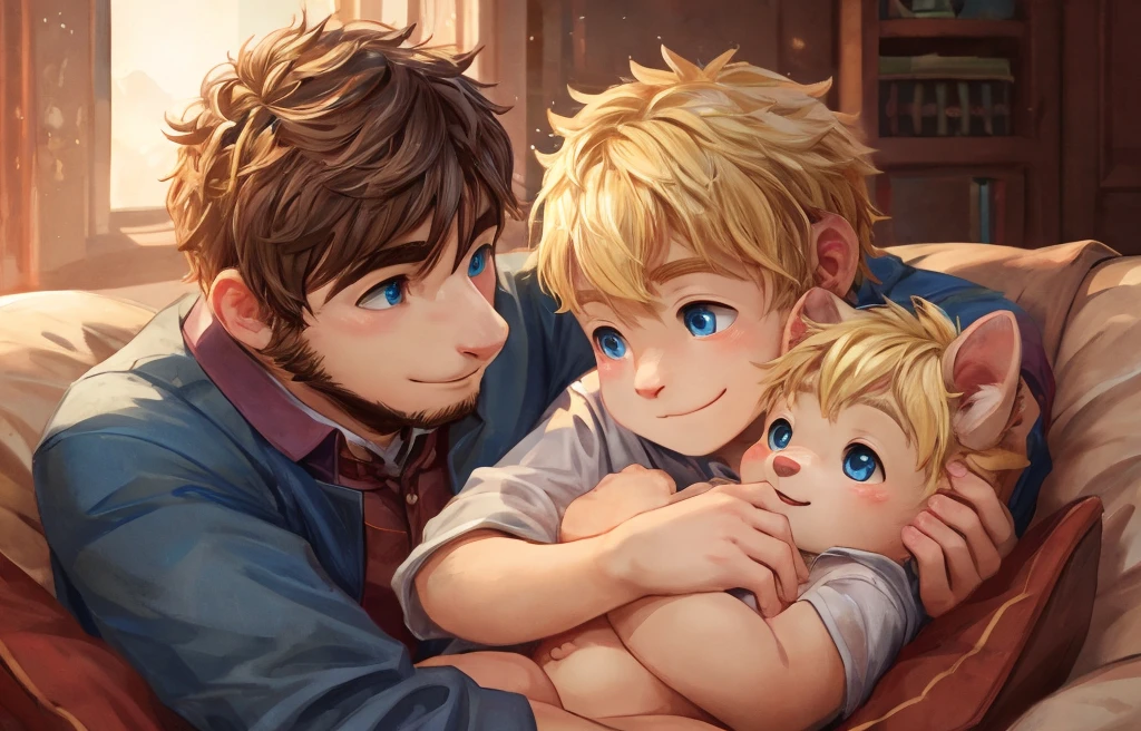 A detailed illustration of a handsome man with short blonde hair and green eyes, holding a one-year-old baby boy with short blonde hair and blue eyes. The man should have a gentle, caring expression, and the baby should appear happy and comfortable in his arms. The background should be simple, with soft lighting that highlights the warmth and connection between the man and the baby.