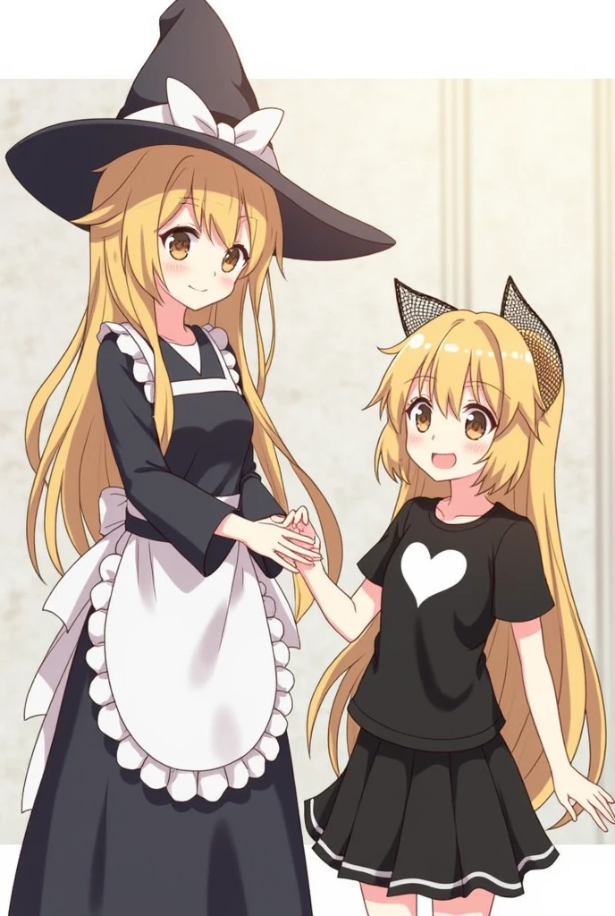 With an anime-like pattern、She has long blonde hair with a braid on the right side。The hat is like a wizard's hat with a nightcap inside.。The hat has a white ribbon。Clothes、In black and white clothes、There is a white apron-like thing on the skirt.。The other one is、Dull yellow long hair、Contains black mesh。I have cat ears。He is wearing a black T-shirt with a white heart pattern.。The skirt is black like a uniform.。