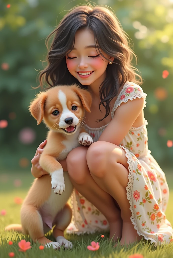 A 25-year-old girl,Wearing a white floral dress,Squatting,Holding a puppy,Happy smile