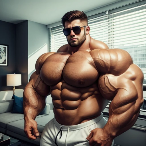 brutalmass, a very handsome young man, sunglasses, shirtless, exaggeratedly muscular body, exaggeratedly huge muscles, in an apartment