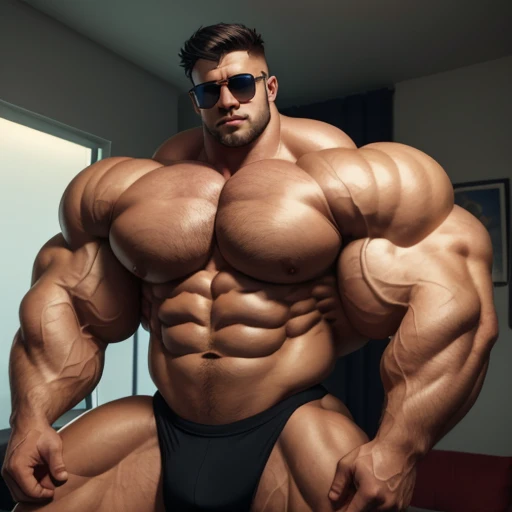 brutalmass, a very handsome young man, sunglasses, shirtless, exaggeratedly muscular body, exaggeratedly huge muscles, in an apartment