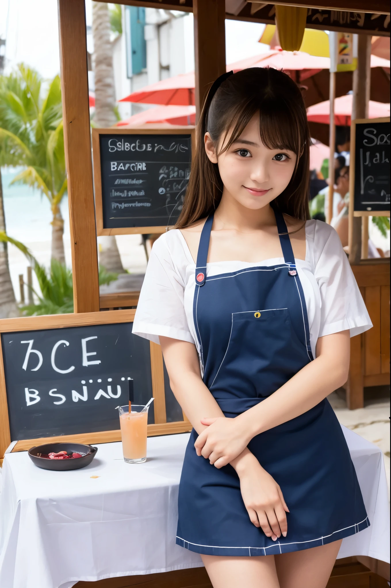 21 years old girl (Japanese cute face) is wearing apron, mini skirt and has fluits drink at the beach bar