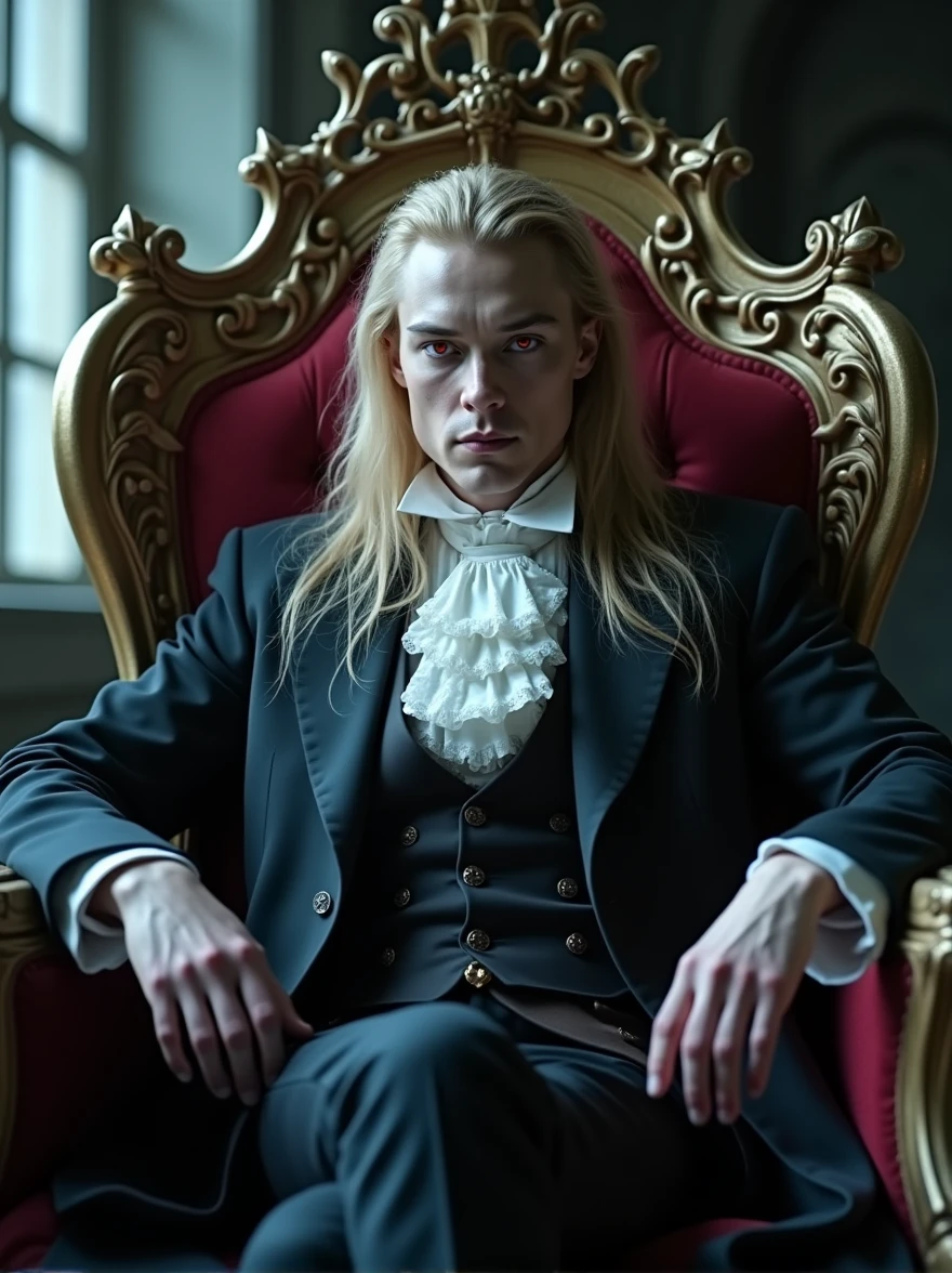 ((masterpiece, 8K, best quality, high resolution:1.3)), (a vampire sitting on his throne made of human bones in a dark castle:1.2), (editorial style photo:1.2), (his eyes are red and his skin is very pale:1.2), (his hair is long and blonde:1.2), (he is very strong:1.2), (his clothes are in Victorian style:1.2), (focus on his face:1.2), (Canon EOS 5DS R camera, perfect for capturing the intricate details of the scene:1.2), (paired with the Canon EF 85mm f/1.2L II USM lens:1.2), (the scene is illuminated with dramatic, low-key lighting:1.2), (his intense and piercing gaze showcasing his power:1.2), (a moment frozen in time, capturing his dark allure and the gothic atmosphere:1.3), (ultra photorealistic, highlighting his striking features and the eerie castle setting:1.3), (an image that transports viewers to a haunting and captivating moment:1.2), (a scene that exemplifies the mystique and danger of the vampire:1.2), Cinematic, Hyper-detailed, insane details, Beautifully color graded, Cinematic Lightning, Insanely detailed and intricate, Hyper maximalist, Volumetric, Full color, HDR, shallow depth of field, high budget Hollywood film, cinemascope, moody, epic, gorgeous