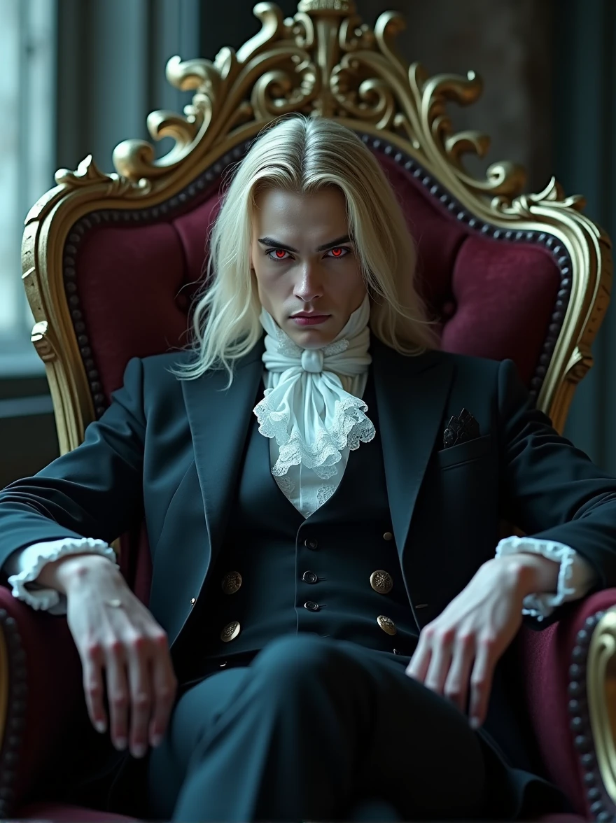 ((masterpiece, 8K, best quality, high resolution:1.3)), (a vampire sitting on his throne made of human bones in a dark castle:1.2), (editorial style photo:1.2), (his eyes are red and his skin is very pale:1.2), (his hair is long and blonde:1.2), (he is very strong:1.2), (his clothes are in Victorian style:1.2), (focus on his face:1.2), (Canon EOS 5DS R camera, perfect for capturing the intricate details of the scene:1.2), (paired with the Canon EF 85mm f/1.2L II USM lens:1.2), (the scene is illuminated with dramatic, low-key lighting:1.2), (his intense and piercing gaze showcasing his power:1.2), (a moment frozen in time, capturing his dark allure and the gothic atmosphere:1.3), (ultra photorealistic, highlighting his striking features and the eerie castle setting:1.3), (an image that transports viewers to a haunting and captivating moment:1.2), (a scene that exemplifies the mystique and danger of the vampire:1.2), Cinematic, Hyper-detailed, insane details, Beautifully color graded, Cinematic Lightning, Insanely detailed and intricate, Hyper maximalist, Volumetric, Full color, HDR, shallow depth of field, high budget Hollywood film, cinemascope, moody, epic, gorgeous
