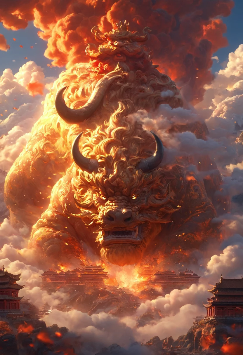 Dans un monde imaginaire, l'architecture traditionnelle chinoise, buffle de feu, nuages, soleil, Ciel, Montagne, tonnerre, (Haute qualité, 4k, haute résolution, chef-d'œuvre : 1.2), extrêmement détaillé, (Réalisme : 1.37), couleurs vibrantes, effets flous, lumière vivante.