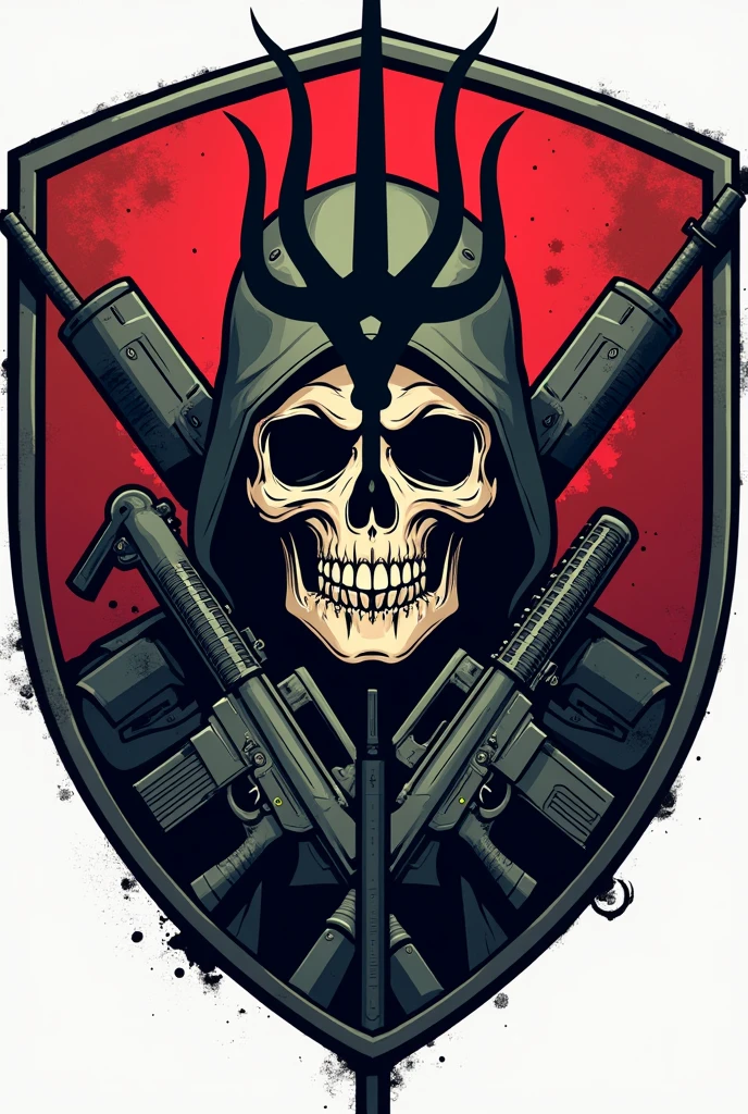 Create a logo that resembles a special forces group in the form of a patch for an airsoft team, where it contains a trident, a skull and weapons, with round bottom