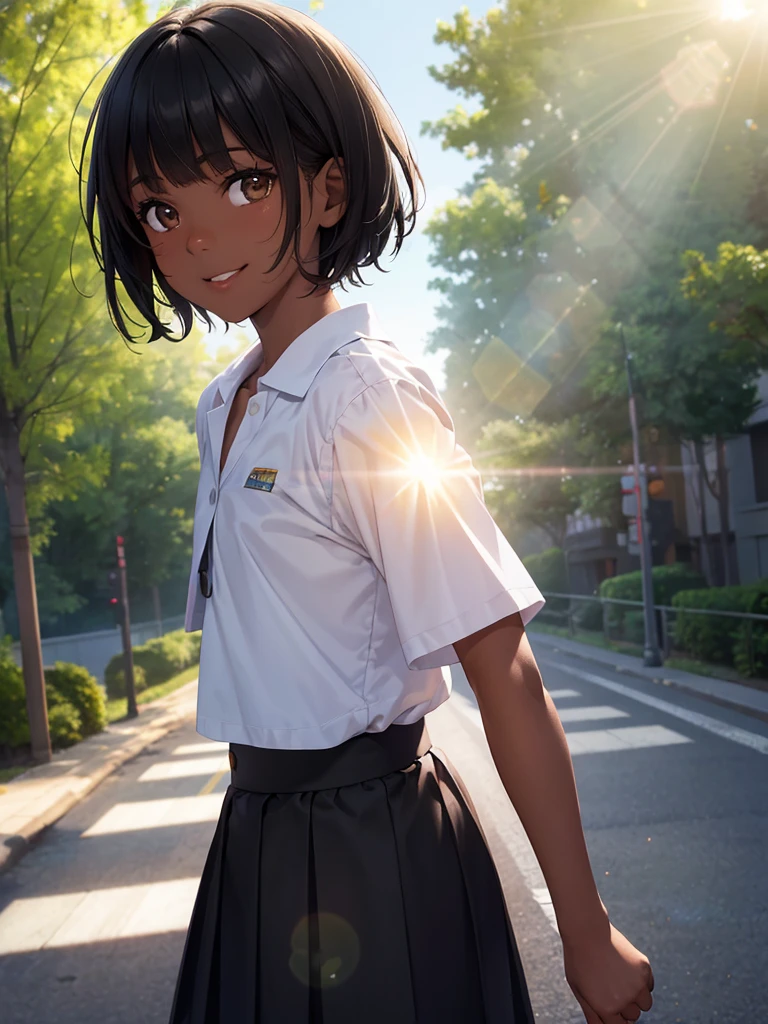 (highest quality,masterpiece:1.3,ultra high resolution),(Super detailed,caustics,8k),(photorealistic:1.4,RAW shooting),1 girl,(smile and look down at the camera),(front shot:1.1),(face forward),18-year-old,cute,Japanese,(black short hair:1.3),blunt bangs,school uniform,(flat chest:1.3),street,sunshine,Natural light,(Backlight),(A bright light shines from behind),(Lens flare),professional writing,(dark skin:1.1),(tanlines:1.3)