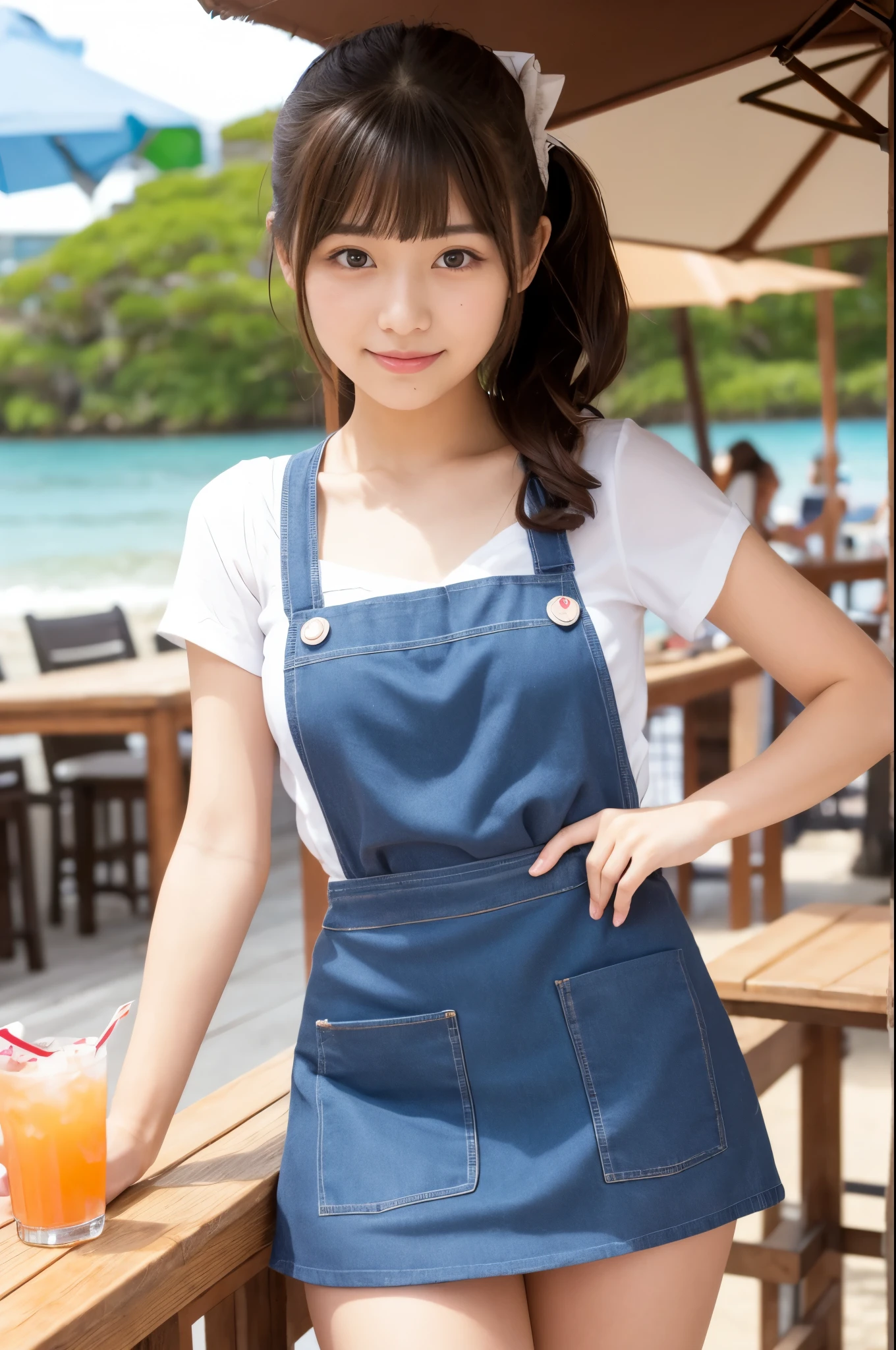 21 years old girl (Japanese cute face) is wearing apron, mini skirt and has fluits drink at the beach bar