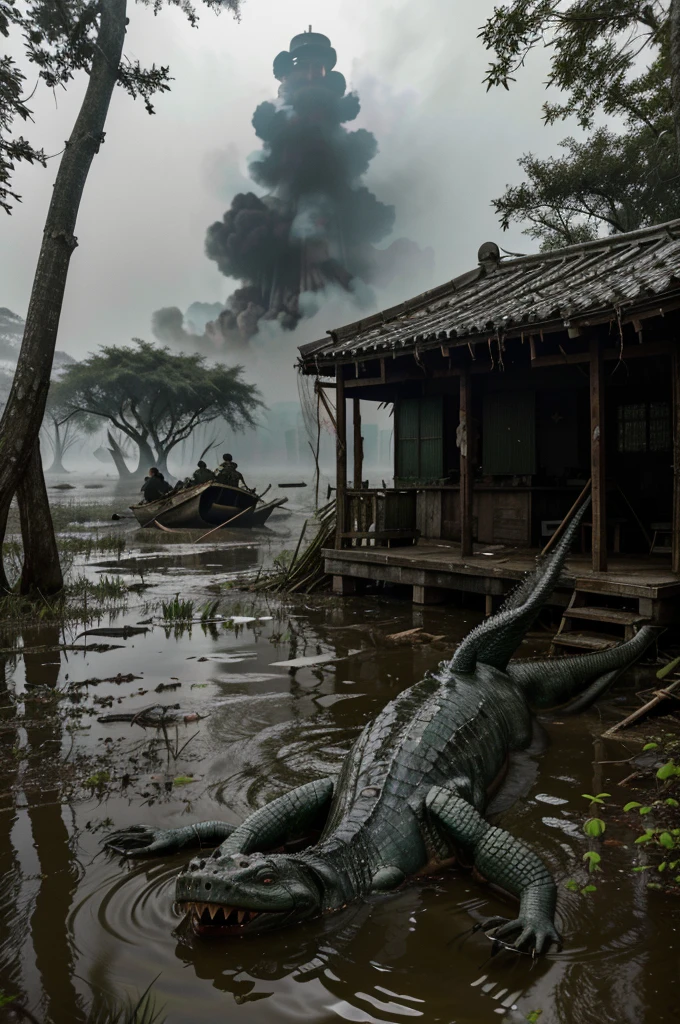 "A haunting scene of a swamp in Myanmar during 1945, where the air is thick with fog and the water is dark and still, except for the violent splashes caused by massive saltwater crocodiles. The ground is littered with fallen rifles and torn uniforms, as Japanese soldiers try to escape the jaws of the huge reptiles. Some soldiers are clinging to tree trunks, their faces twisted in fear, while others are seen struggling in the water. Blood stains the swamp, creating a gruesome contrast against the dark surroundings. The atmosphere is one of terror and chaos, with the sense that this is a fight for survival that few will win."