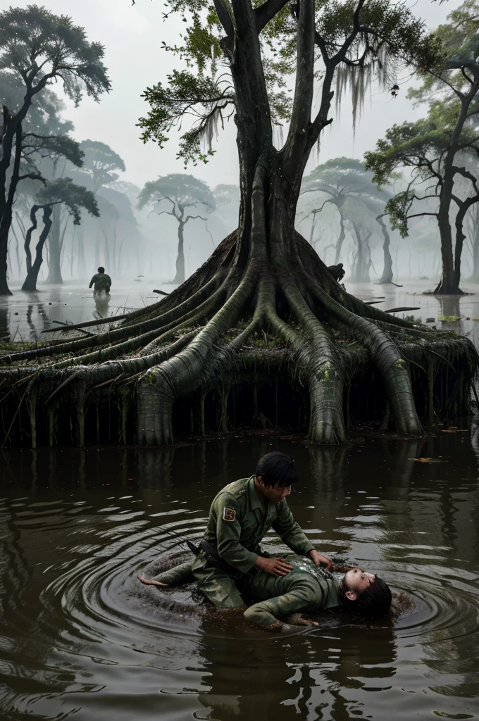 "A haunting scene of a swamp in Myanmar during 1945, where the air is thick with fog and the water is dark and still, except for the violent splashes caused by massive saltwater crocodiles. The ground is littered with fallen rifles and torn uniforms, as Japanese soldiers try to escape the jaws of the huge reptiles. Some soldiers are clinging to tree trunks, their faces twisted in fear, while others are seen struggling in the water. Blood stains the swamp, creating a gruesome contrast against the dark surroundings. The atmosphere is one of terror and chaos, with the sense that this is a fight for survival that few will win."