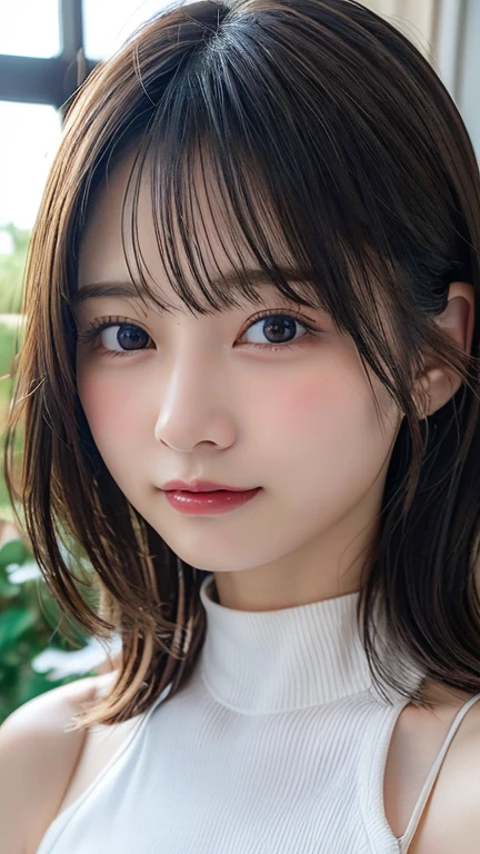 high quality、Generate high resolution images。She is young々Successfully、With a cute appearance、Has a fresh and natural look。Here are the specific details::
1. **Face shape**: (Oval face with a slightly pointed chin:1.3)。
2. **eye**: (大きいアーモンド形のeye:1.4、double eyelid。eyeの色はダークブラウン:1.5、There is a vibrant glow)。
3. **Eyebrow**: 自然なアーチを描いたEyebrowで、It is well maintained though、Not too thin。
4. **nose**: small、やや上向きのnose。
5. **mouth**: Natural pink plump lips。She has a gentle smile。
6. **Skin color**: Has a healthy glow、Brighter, smoother skin。
7. **hair**: long、(ストレートな黒hairで、Has a slight sheen)。hair型はソフトなウェーブかストレートのままにすることが多い。
8. **make**: ミニマルでナチュラルなmake。A lightweight foundation to even out skin tone、A touch of blush on the cheeks、eyeを引き立てるための控えめなアイライナーとナチュラルなマスカラ。Lips lightly tinted in pink or peach。
9. **accessories**: smallて繊細なイヤリングやシンプルなネックレスを時々wear。
10. **expression**: Friendly、フレンドリーなexpression。軽い微笑みや遊び心のあるexpressionが特徴。
To focus on her face、Shoot in a bright environment、The background should be neutral or soft and blurred。
