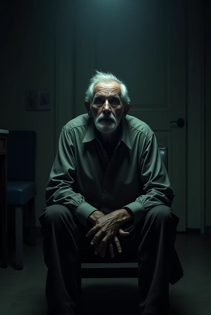 Old man is sitting in chair in dark room he looks shocked