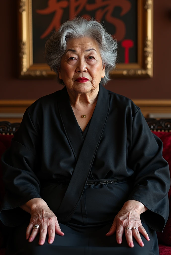 80 year old Japanese grandma、Gray Hair、Wavy short hair、Quite fat、Fortune teller outfit、Sitting、Only the upper body is shown、Looking at the camera,「A powerful, confident, and glamorous figure in a luxurious setting. The figure is dressed in an elegant, oversized, dark-colored gown with a dramatic, voluminous silhouette. The makeup is bold, with striking eyeliner and red lipstick, giving an air of sophistication. The figure has a larger-than-life presence, with a commanding expression and a pose that exudes confidence and charisma. The background is a lavish interior with rich textures, such as velvet and gold accents, emphasizing luxury and elegance. The overall atmosphere should be both grand and inviting, with warm lighting that highlights the figure's powerful aura and stylish appearance.」