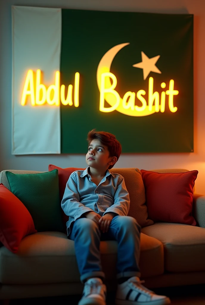 A boy sitting on sofa with Pakistan flag and background wall decorated with bold lighted Name Abdul Basit and Pakistani flag