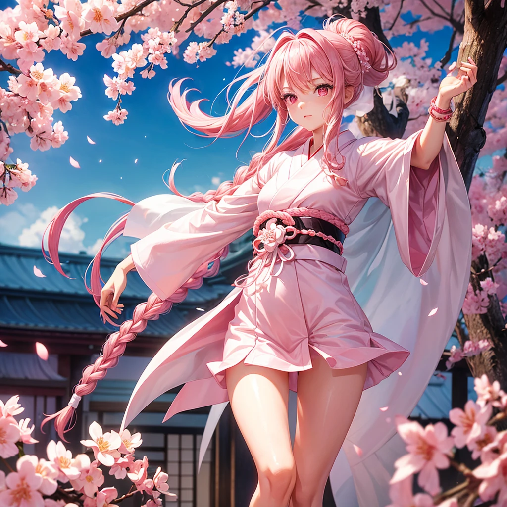 Girl, 17 years old, fair skin, long pink hair braided in a ponytail, pink eyes, white yukata with open legs and sakura petals, slim, beautiful legs, black belt, white gloves, red sakura flowers, pink long cloak with a pattern, detailing  , perfect, bracelets on legs and arms