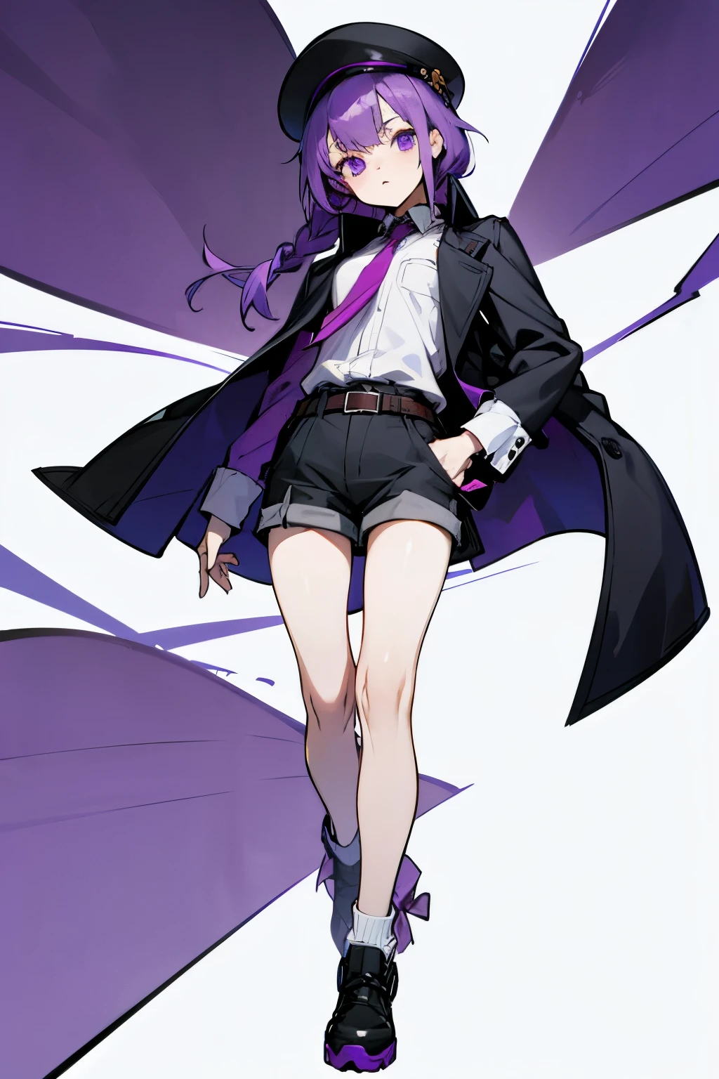 Prisoner, purple-haired loli, wearing an overcoat_side Big shirt, shorts, with a belt tied around the body 