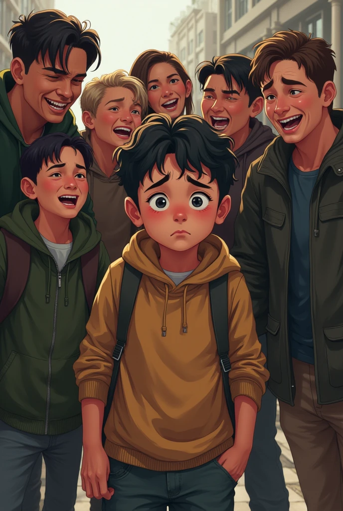 A group of people laughing at a 25 year old very sad and innocent boy