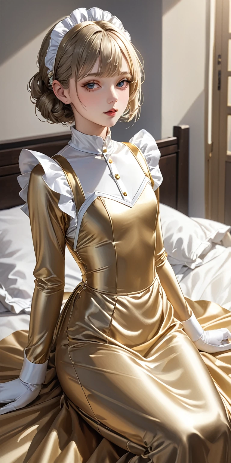 Portraiture、(masterpiece,Highest quality,Ultra-high resolution),Japanese women, Bob Hair、(((Very beautiful 25 year old girl)))、Flat chest、(She is wearing a shiny pale gold satin long sleeve maid outfit...)、The dress has a simple design without any patterns....、(((Long skirt made of pale gold satin.)))、Pale gold satin gloves、((Pale gold satin bodysuit))、Sitting on a pale gold satin bed