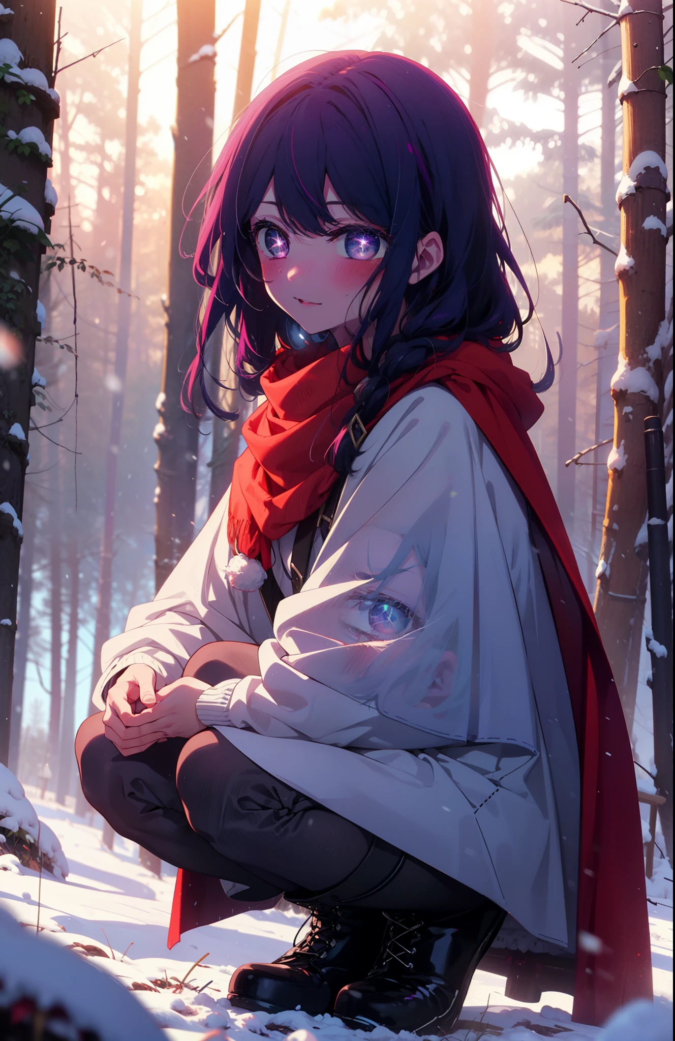 aihoshino, Ai Hoshino, Long Hair, bangs, (Purple eyes:1.1), Purple Hair, (Symbol-shaped pupil:1.5), smile,,smile,blush,white breath,
Open your mouth,snow,Ground bonfire, Outdoor, boots, snowing, From the side, wood, suitcase, Cape, Blurred, , forest, White handbag, nature,  Squat, Mouth closed, Cape, winter, Written boundary depth, Black shoes, red Cape break looking at viewer, Upper Body, whole body, break Outdoor, forest, nature, break (masterpiece:1.2), Highest quality, High resolution, unity 8k wallpaper, (shape:0.8), (Beautiful and beautiful eyes:1.6), Highly detailed face, Perfect lighting, Highly detailed CG, (Perfect hands, Perfect Anatomy),