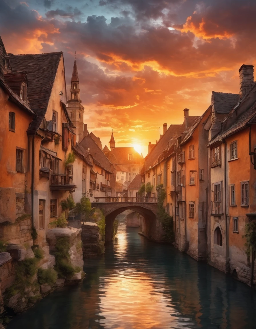 High quality, high resolution, best composition, like an impressionist painting, cinema style, summer landscape, medieval European cityscape, sunset between buildings, orange clouds, dynamic and breathtakingly beautiful, fantastic, peaceful and beautiful scenery.