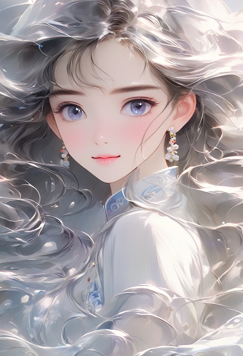 Chinese girl, Sweet and lovely girl, big eyes, illustrations, long hair, braids, fluffy hair, front, film angle, reflective hair, watery eyes, looking at you, facial details, facial focus, masterpiece, best quality, extremely delicate and beautiful, dynamic angle, complex details, beautiful and delicate eyes, delicate face, delicate and clear facial features, tender lips, real, lovely, focus, clear lines, 8k high-resolution, good-looking, smiling, wearing white dress, fashionable and beautiful, depth of field