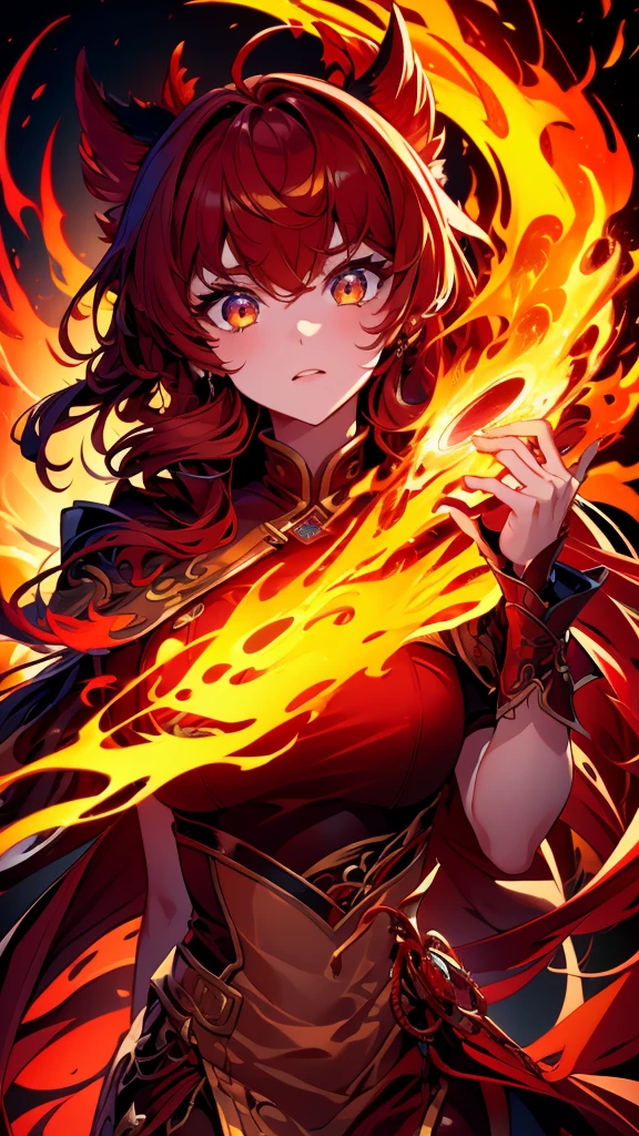 ((high quality, movie quality, best quality, extreme details, masterpiece detail eyes)), black background (full of fire), a beautiful oriental girl (20 years old), Oval face, fiery red hair shawl (elegant), Bright fiery red phoenix eyes, fiery red eyes，Wearing Han Dynasty phoenix costume, sideways, head (close up), 8k, The fire inside is burning, mirror style, movie lighting,