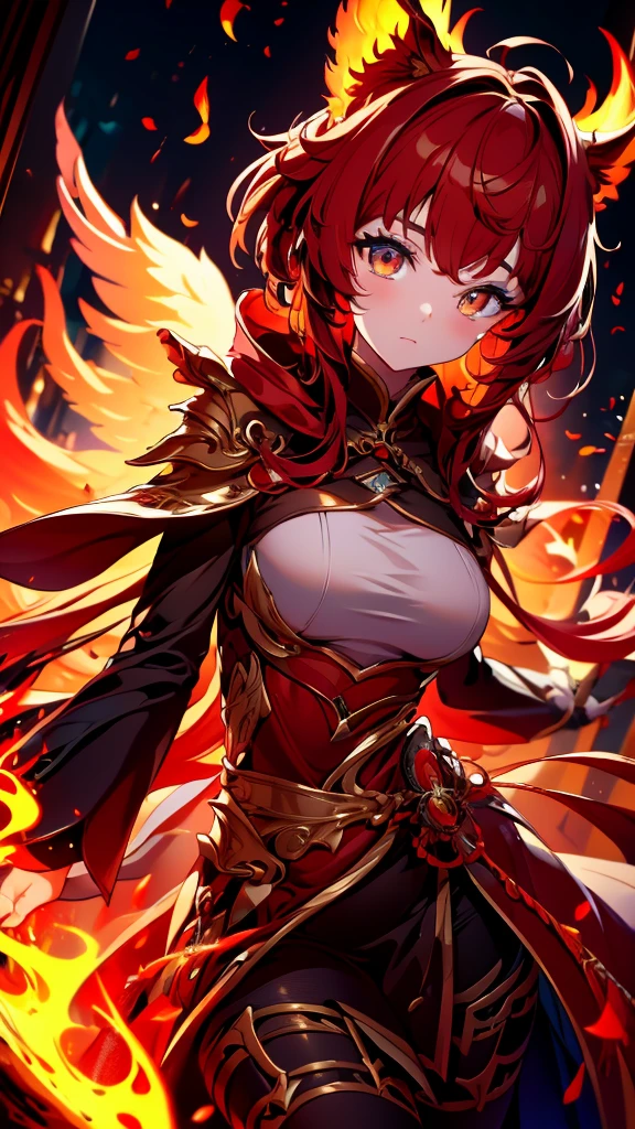 ((high quality, movie quality, best quality, extreme details, masterpiece detail eyes)), black background (full of fire), a beautiful oriental girl (20 years old), Oval face, fiery red hair shawl (elegant), Bright fiery red phoenix eyes, fiery red eyes，Wearing Han Dynasty phoenix costume, sideways, head (close up), 8k, The fire inside is burning, mirror style, movie lighting,