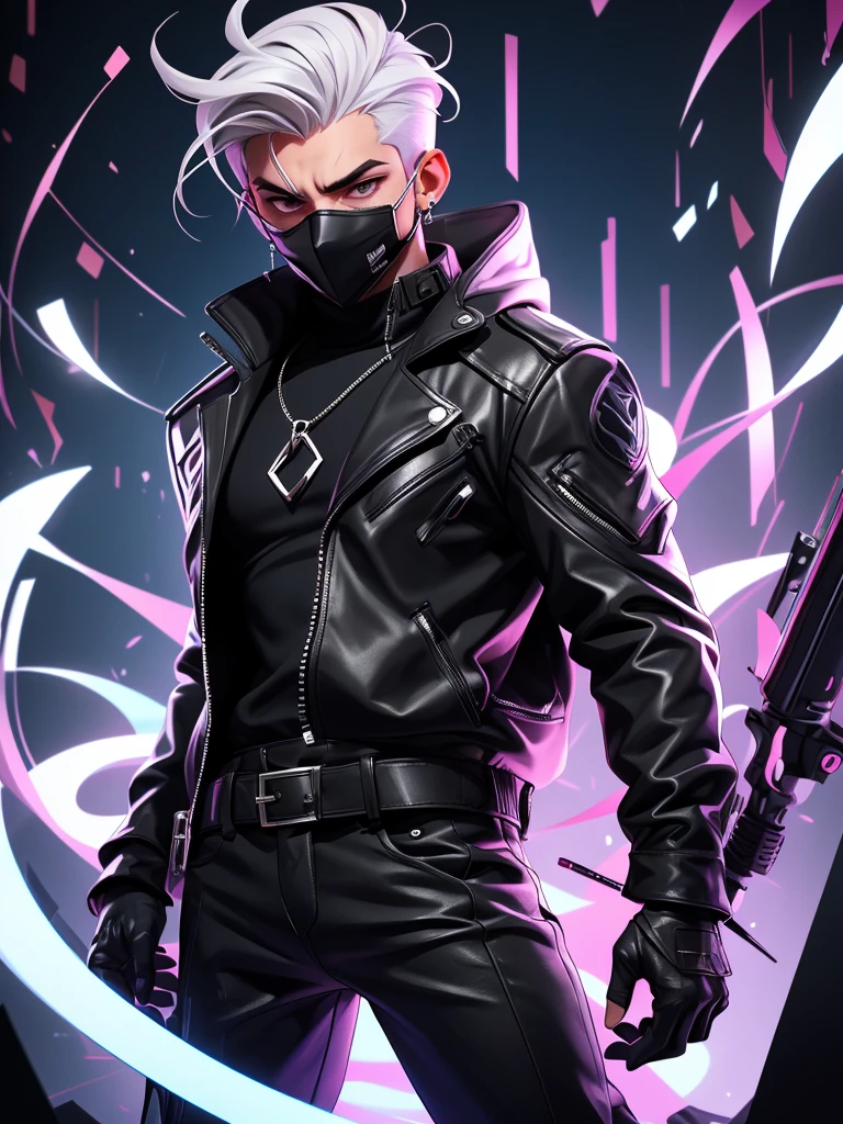 young spy with purple eyes, wearing all black leather clothing, wearing a mask that covers his mouth, with white hair, with silver earrings in his ear, trapped in an iron chair, and receiving several shocks and being electrocuted
